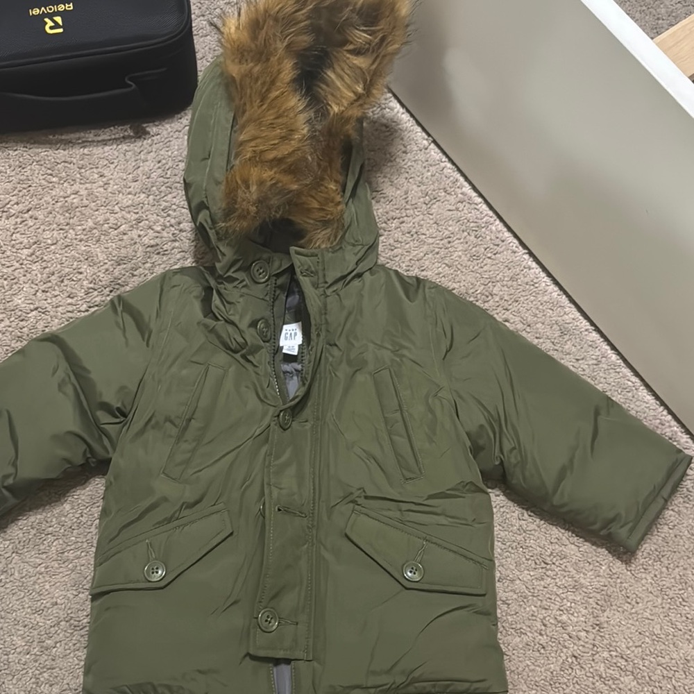 Gap Kids Green Hooded Jacket with Faux Fur Trim
